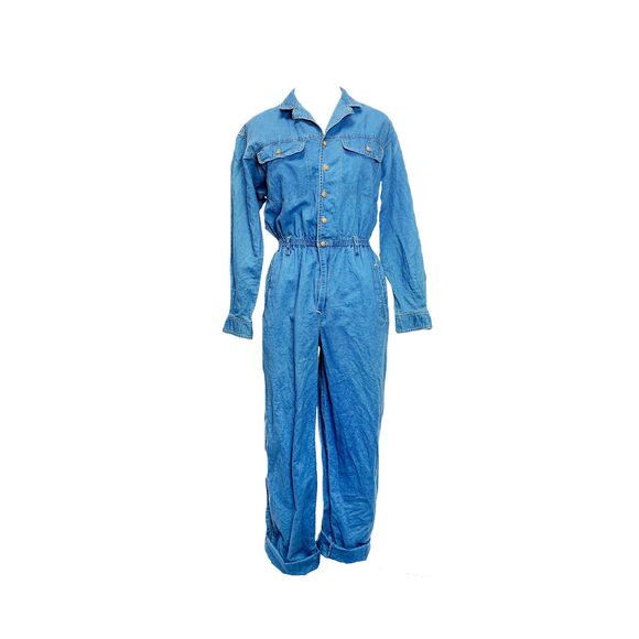 80s/90s Retro Liz Claiborne Light Wash Linen & Cotton Long Sleeve Coveralls